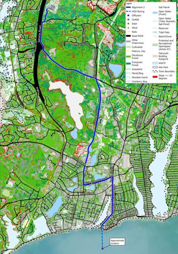 This map shows the planned route of the outfall pipe, from the treatment plant to the waters of Nantucket Sound. LAURA MUIR